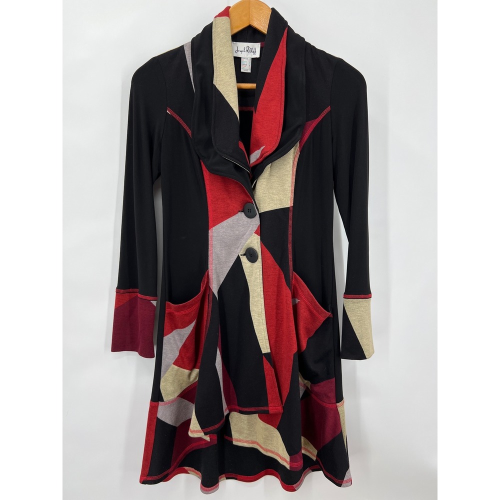 Joseph Ribkoff Geometric Colorblock Shawl Collar Sz 6 Cardigan‎ Jacket Red Black